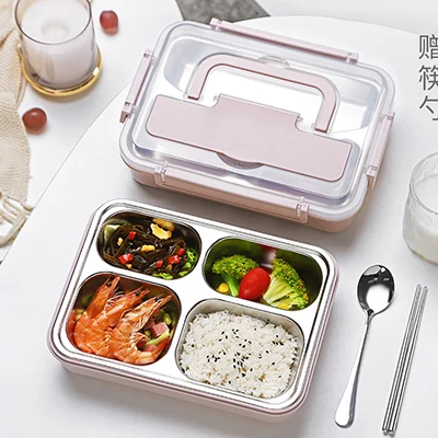 Ланч-бокс 304 из нержавеющей стали для детей и взрослых Bento Boxs герметичный японский контейнер для продуктов портативное хранение для пикника 1.2L - Цвет: Pink 4 Grid