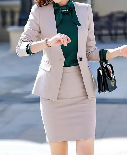 aprciot skirt suit Осенний Fmasuth элегантный костюм с рюшами для офиса, костюм с юбкой, Осенний блейзер с длинными рукавами, куртка+ юбка, 2 предмета, Женский костюм с юбкой для работы - Цвет: aprciot skirt suit