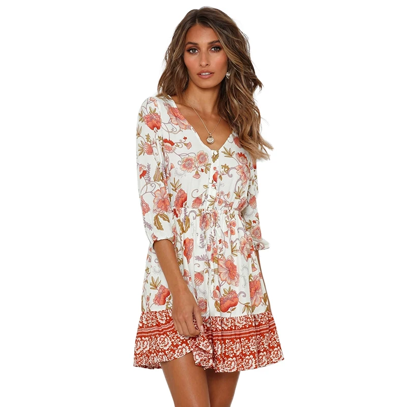 Женское мини платье с цветочным принтом богемные вечерние платья коротким