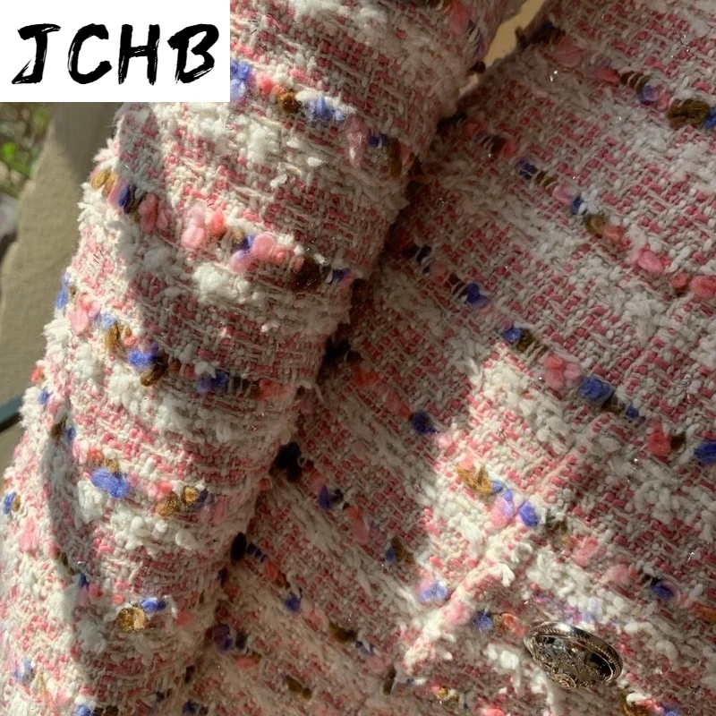 

2021 winter autumn women elegant pink v-neck tweed dresses long sleeve double breasted slim bodycon mini dress Y655