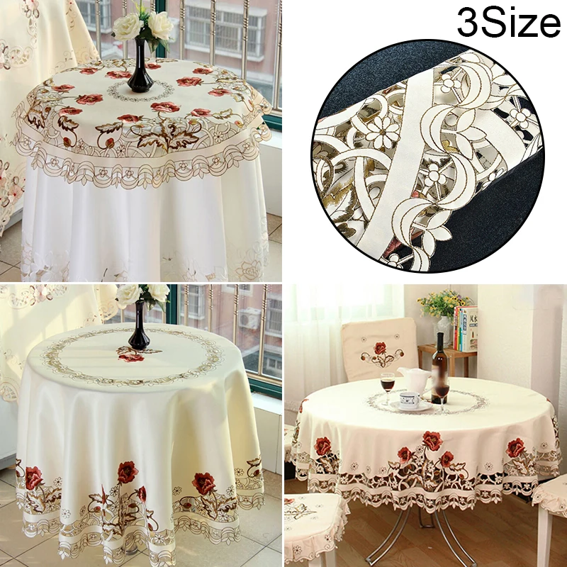 

Rural Embroidered Tablecloth Floral Lace Round Table Cover Dining Banquet Decor Satin Fabric Anti-fouling Kitchen Accessories