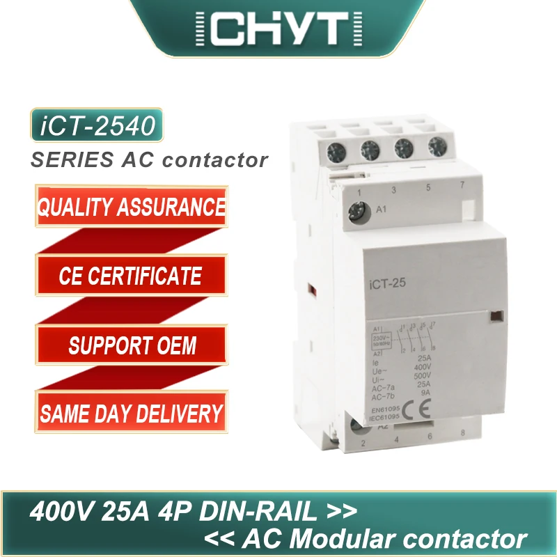 

CHYT iCT-25 4P 4NO 4NC 2NO+2NC Or 3NO+1NC AC 400V 25A Electric Din Rail Mounted Household Modular Contactor