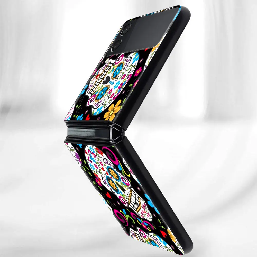 For Samsung Galaxy Z Flip 3 5G Case Luxury Matte Black Hard Phone Cover ZFlip 3 Shockproof Fundas Shell Cool Flower Skull Art