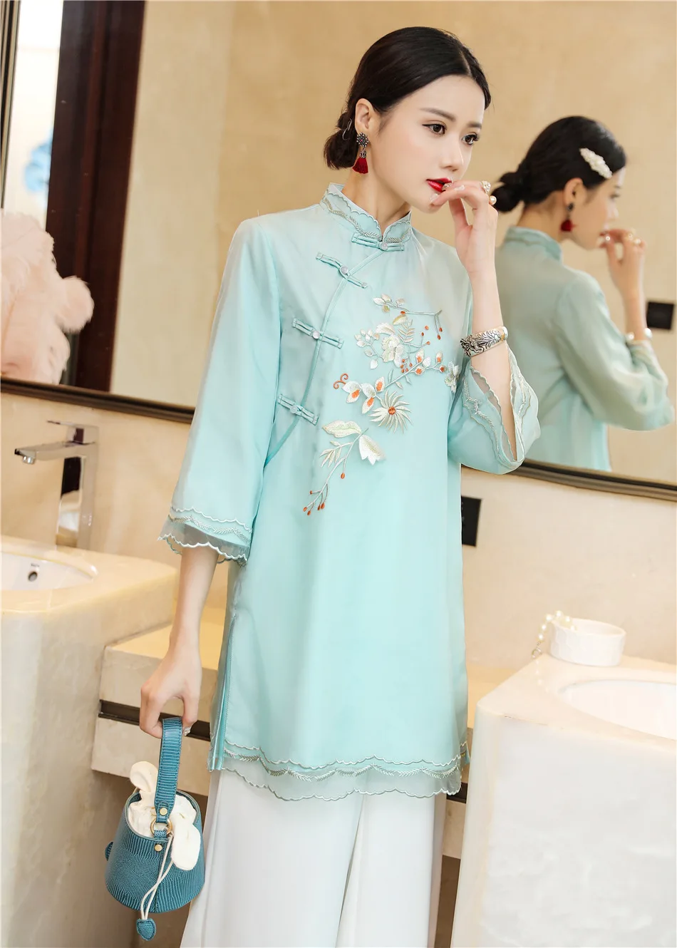 Китайский стиль вышивка женские Cheongsam высокое качество шифоновые рубашки|qipao