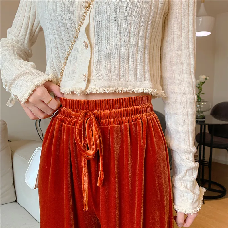 

Soft Comfort Women Velet Pants High Waist Casual Flannel Slacks Wide Leg Pants Female Mom Plus Size Autumn Stacked Blue Trousers