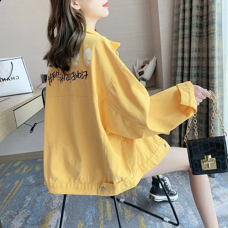 

Embroidery Candy Color Loose Denim Coat Women Korean Fashion Spring Jean Jacket Streetwear Long Sleeve Denim Outwear Female