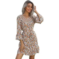 fashion hot selling womens 2021 spring new high quality cheap horn nine point sleeve printing v neck stitching lace dress