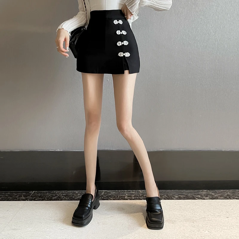 

Skirts Women Black Summer Side-slit Button Designed Chic New Mini Skirt Sweet All-match Fashion Womens A-line