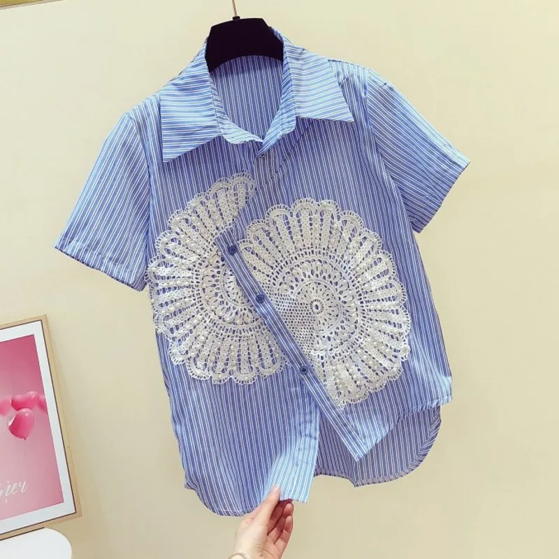 

2020 Summer Blouse for Women New Korean-Style Chest Beaded Three-dimensional Applique Irregular Hem Striped Short Sleeve Shirt