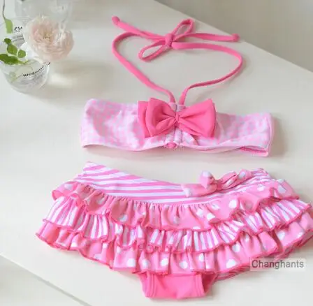 pink Купальный костюм для девочек из 2 предметов с розовой клетчатой От 2 до 8 лет и бантиком Детский комплект бикини, детский купальный костюм из двух предметов для маленьких девочек - Цвет: pink