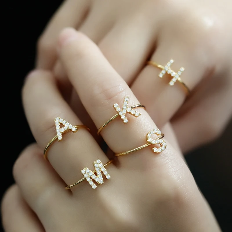 Name Initial Gold Zircon A-Z 26 English Alphabet Rings For Women Jewelry Fashion Stackable Couples Men's Wholesale | Украшения и