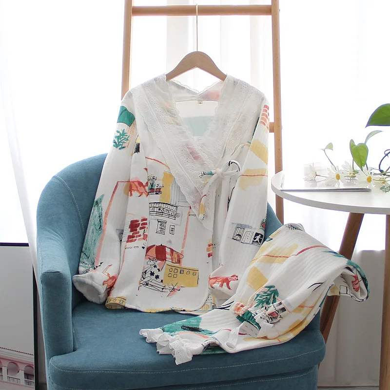 

Japanese kimono air layer red leaf confinement suit set pregnant women postpartum household pajamas set women nursing pyjama