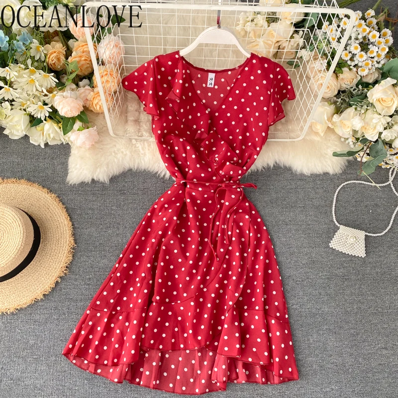 OCEANLOVE 2020 летнее платье в горошек с высокой талией милые винтажные корейские