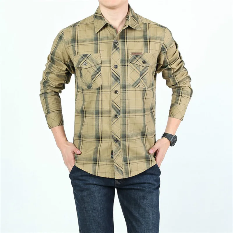 

Brand Casual Plaid Shirts Mens 2020 Fashion Long Sleeve 100% Cotton Camiseta Masculina Military Shirt Men Plus Size 5XL