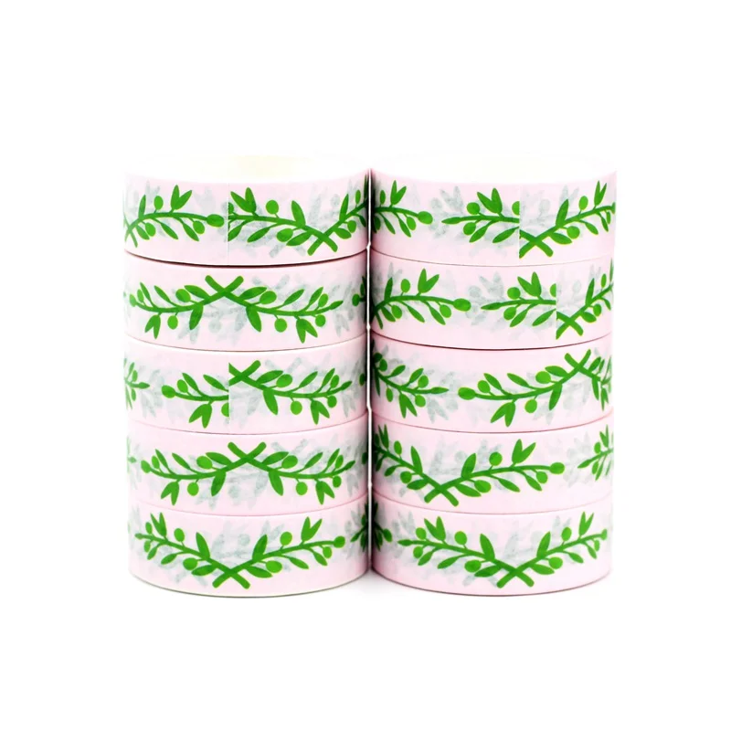 

NEW 10pcs/Lot Decorative Green Leaves on Light Pink Washi Tapes DIY Bullet Journal Adhesive Masking Tape Cute Stationery