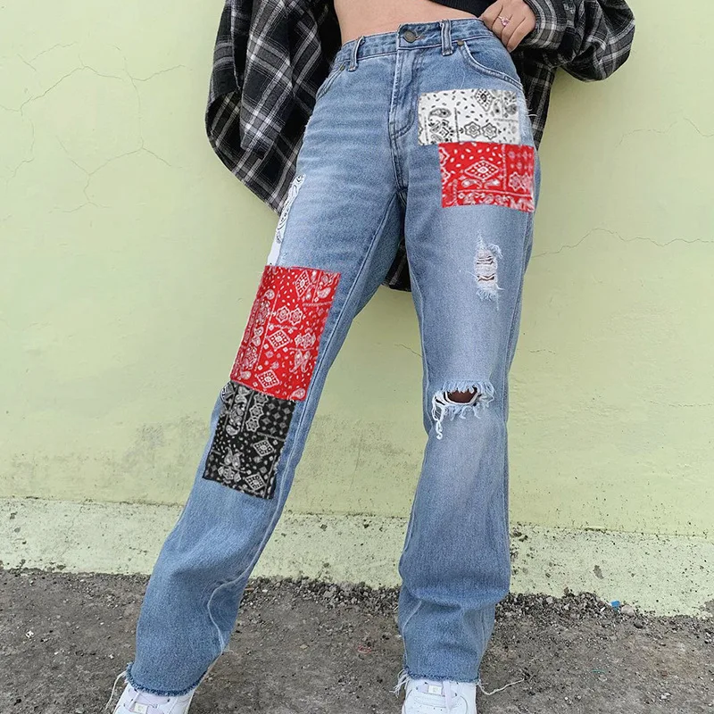 

2021 New Fashion Streetwear Bandana Patchwork Denim Pants Hole Ripped Jeans Women Fashion High Waist Jeans Straight Trousers