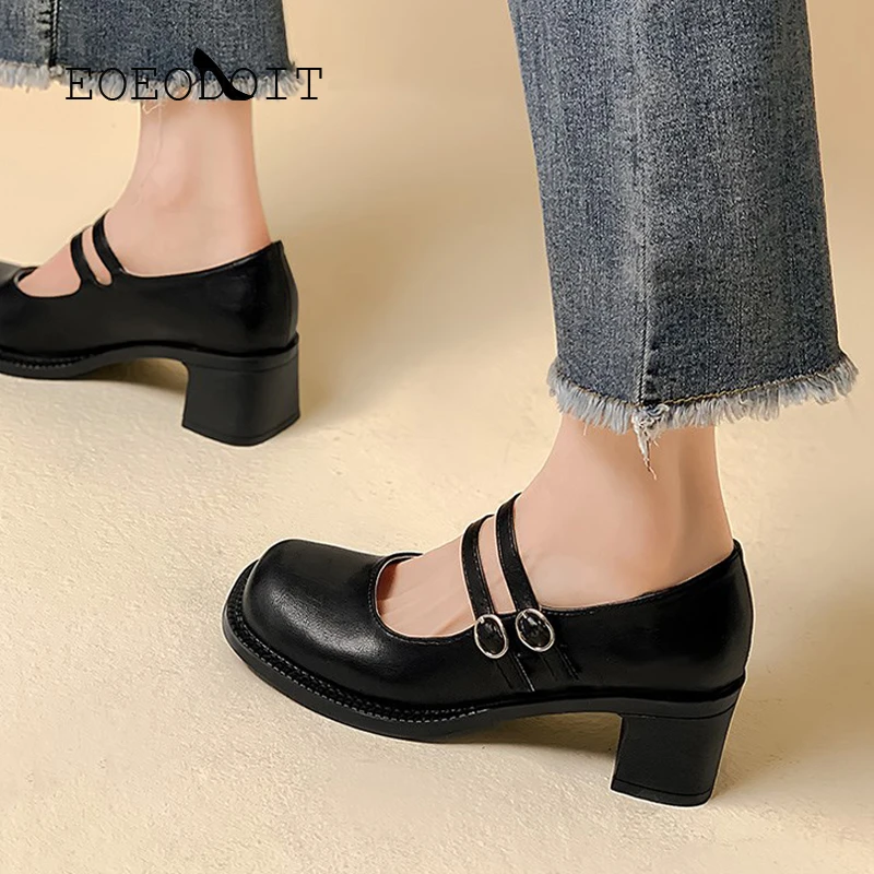 

EOEODOIT Spring New Fashion Heels Shoes Women Med Chunky Leather Pumps Mary Janes Double Buckle Vintage Style Casual Shoes