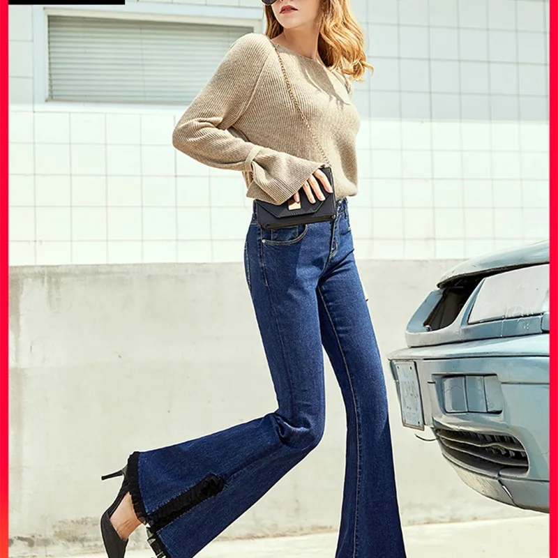 Free Shipping 2021 New Fashion Long Jeans Pants For Women Flare Trousers 25-30 Denim Autumn Stretch Skynni Jeans High Waist Lace