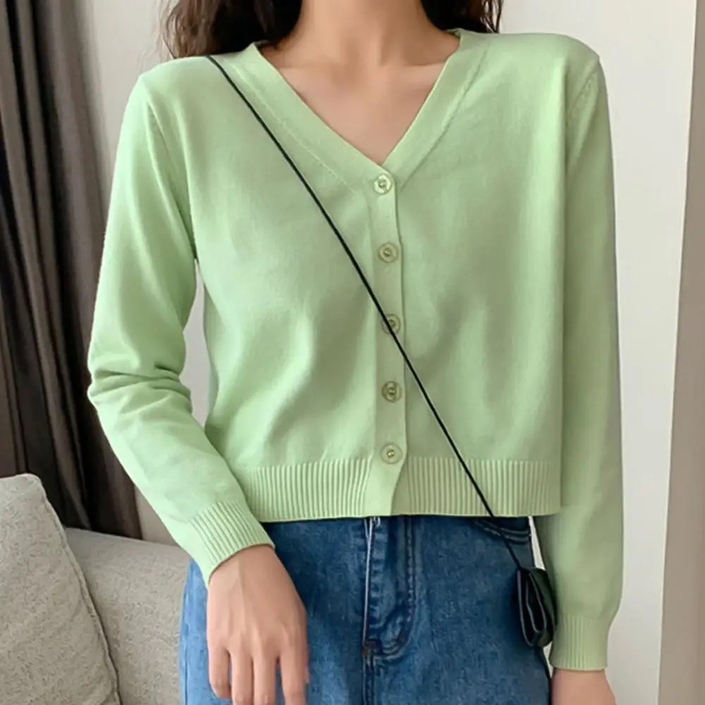 

2021 Hot Sale New Crop Top Women Solid Color Long Sleeve V Neck Cardigan Sweater Buttons Short Knitwear