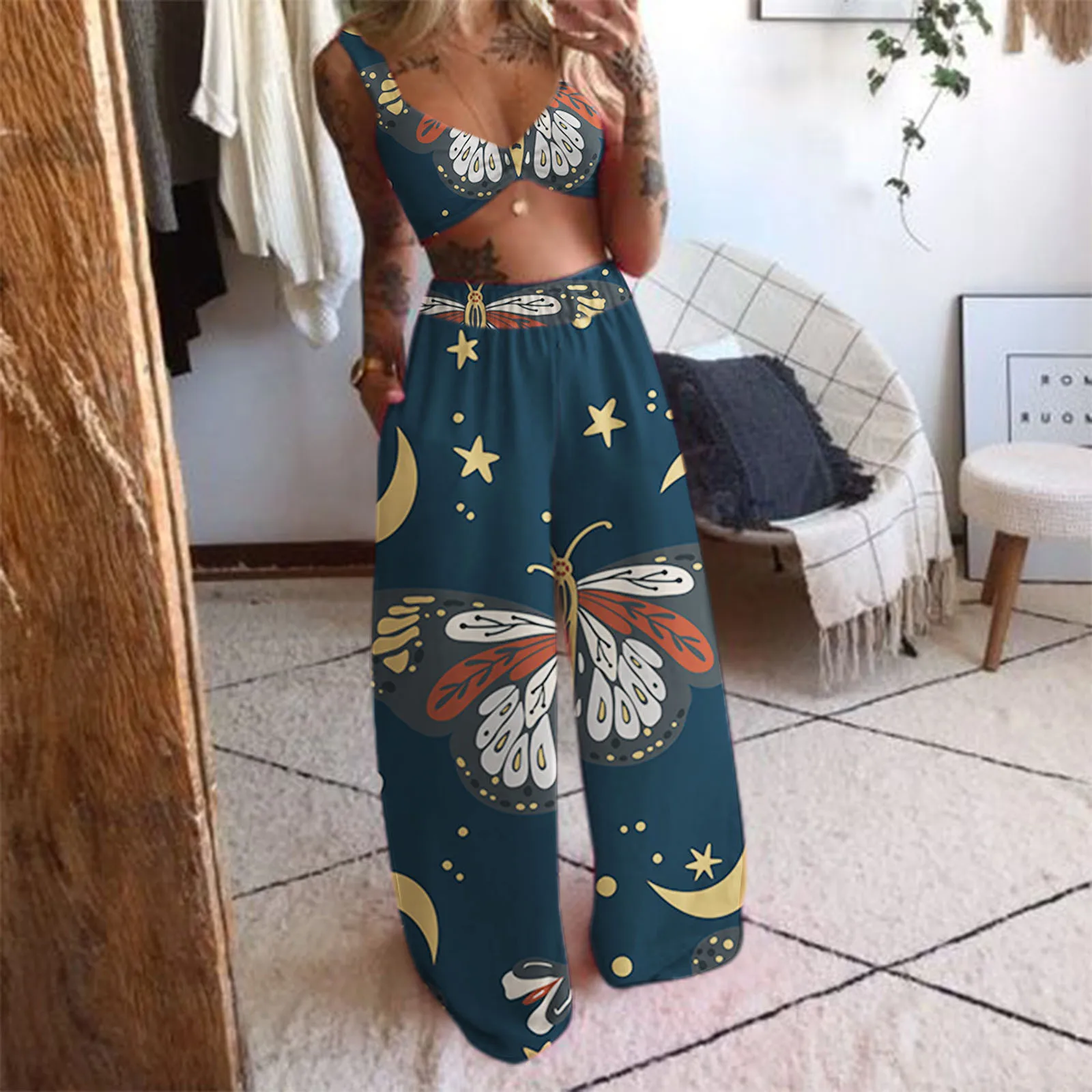 

2021 летняя Эстетическая уличная одежда из 2 предметов, женские сексуальные укороченные топы без рукавов, комплекты с брюками, богемные наряд...