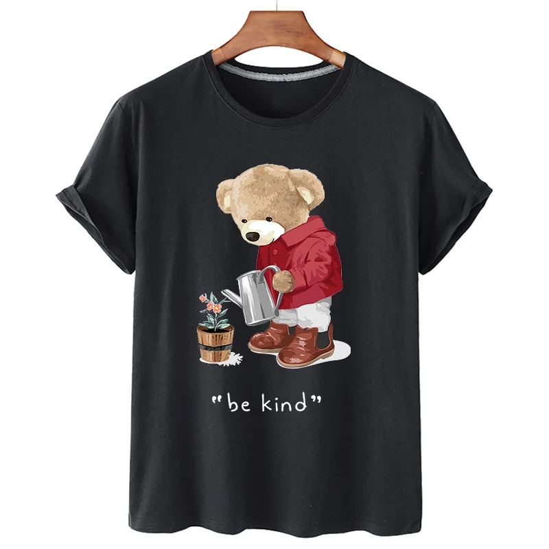 

100% Cotton Watering Flowers Bear Print Short-sleeved T-shirt Women Summer Short-sleeved Couple Oversized T-shirt Ladies Shirt