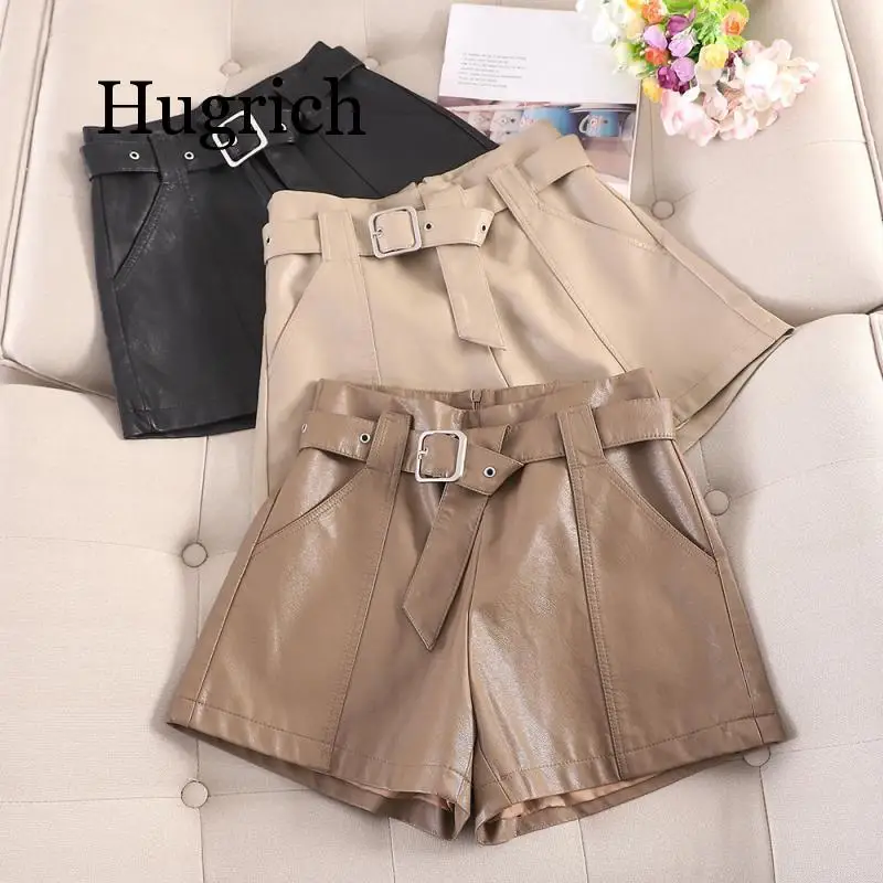 

2020 Autumn and winter leather shorts female new Korean version of high waist wide leg loose a word PU soft leather