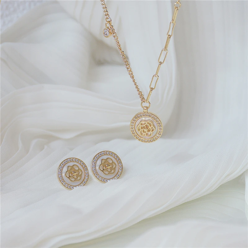 

YIZIZAI Luxury Gold Color Plated Rose Flower Earrings Necklace Sets for Women Exquisite Zirconia Stud Earring Elegant Wedding