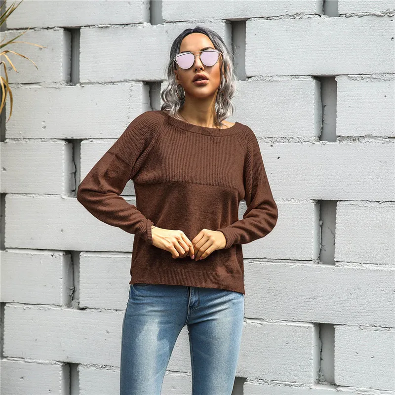 

Casual Women Sweater 2020 Autumn O-neck Off Shoulder Long Sleeves Loose Knitting Sweater