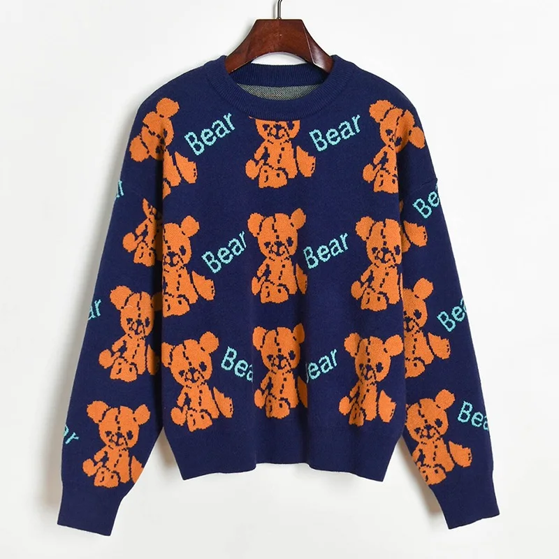 

Cartoon Bear Jaquard Woman Sweaters 2020 Brand Designers Women Clothes Autumn Winter O-neck Long Sleeve Knitted woman sweaters