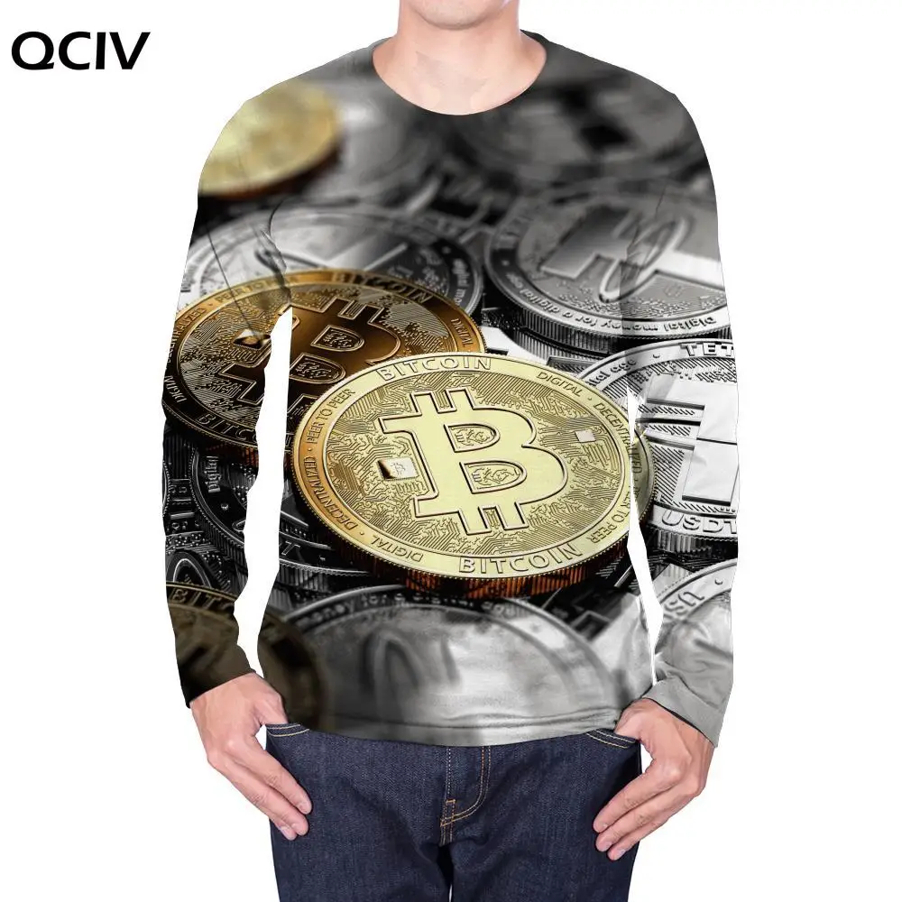 

QCIV Bitcoin Long sleeve T shirt Men Money Punk Rock Novel Anime Clothes Mens Clothing Casual Streetwear High Quality O-Neck