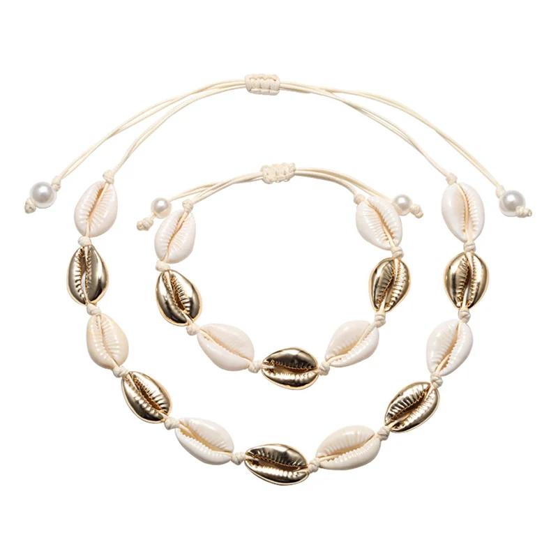 Beige Rope Gold Натуральная раковина Каури ожерелье браслет набор Бохо пляжная раковина чокер воротник модная Веревка Цепь Регулируемая женская летняя бижутерия - Окраска металла: Beige Rope Gold