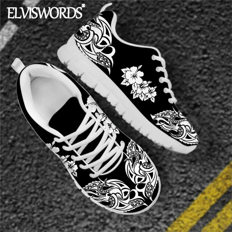 

ELVISWORDS Polynesian Hibiscus With Tribal Pattern Women Running Sneaker 2020 Fashion Air Mesh Flat Shoes Breathable Footwear