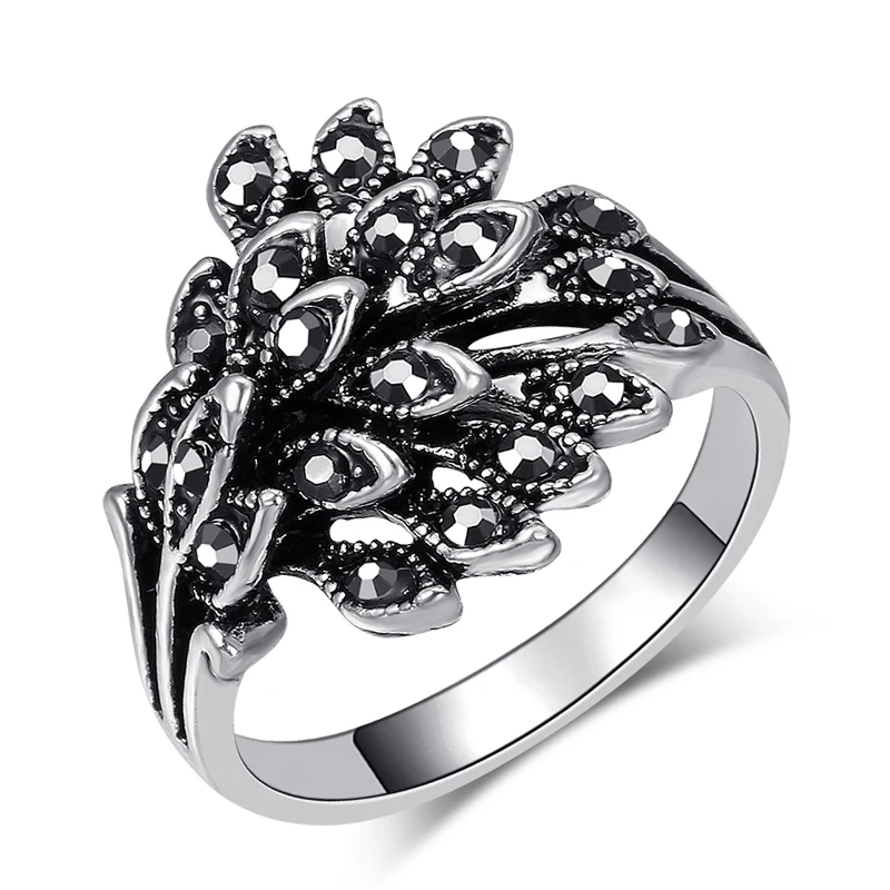 Black Crystal Kinel популярные Винтажные Ювелирные изделия Обручальные кольца для женщин античная серебряная мозаика черный кристалл Anillo подарок аксессуары - Цвет основного камня: Black Crystal