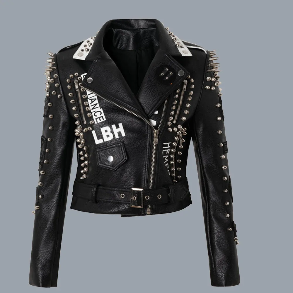 

Women PU Jacket Ram Rock Fan Car Leather Jacket Punk Fashion Graffiti Rivet Jacket Motorcycle Jacket Black Faux Leather Coat