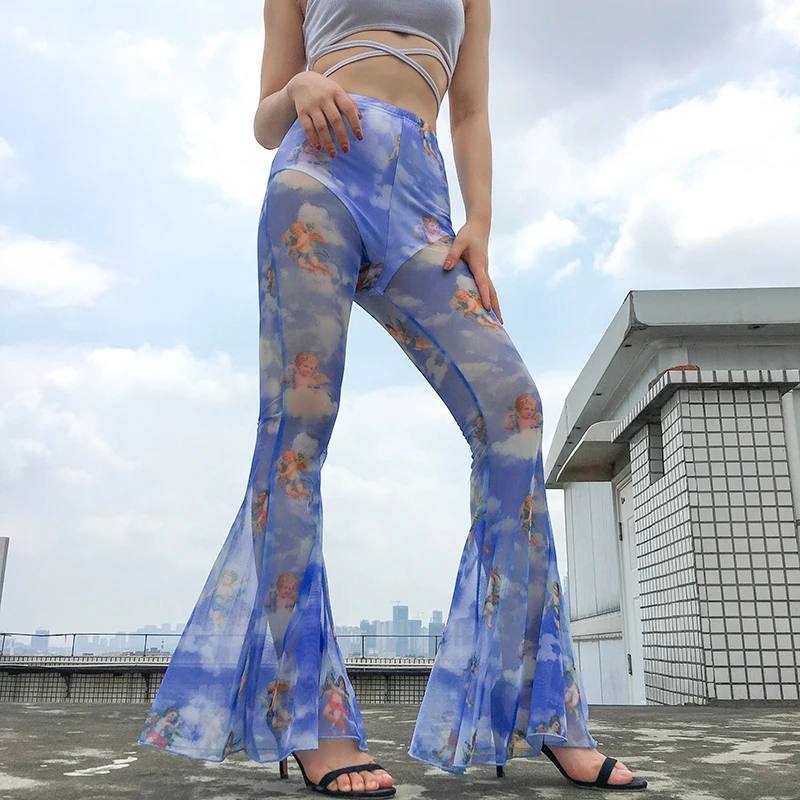 Sweetown Angel Print Kawaii сетчатые прозрачные сексуальные Boho штаны с высокой талией женские двухслойные высокие расклешенные брюки летние