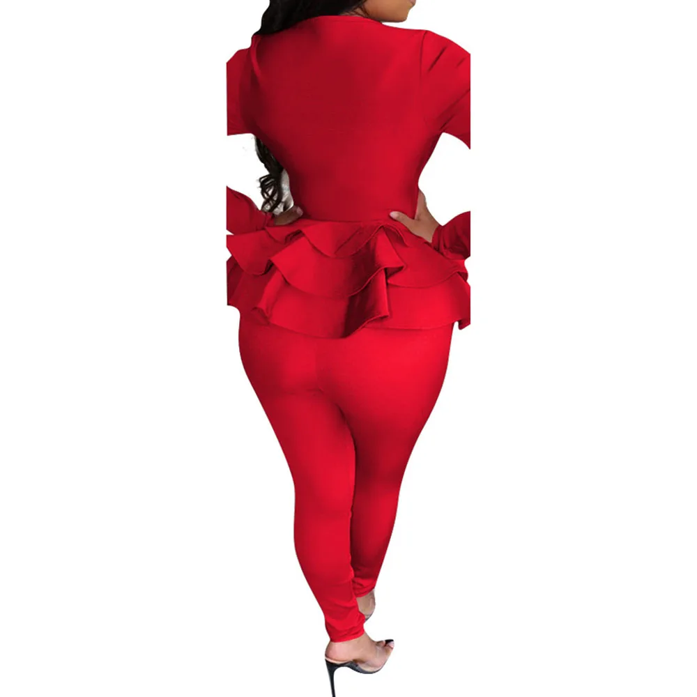 Костюм женский с длинным рукавом топ оборками и брюки повседневный офисный