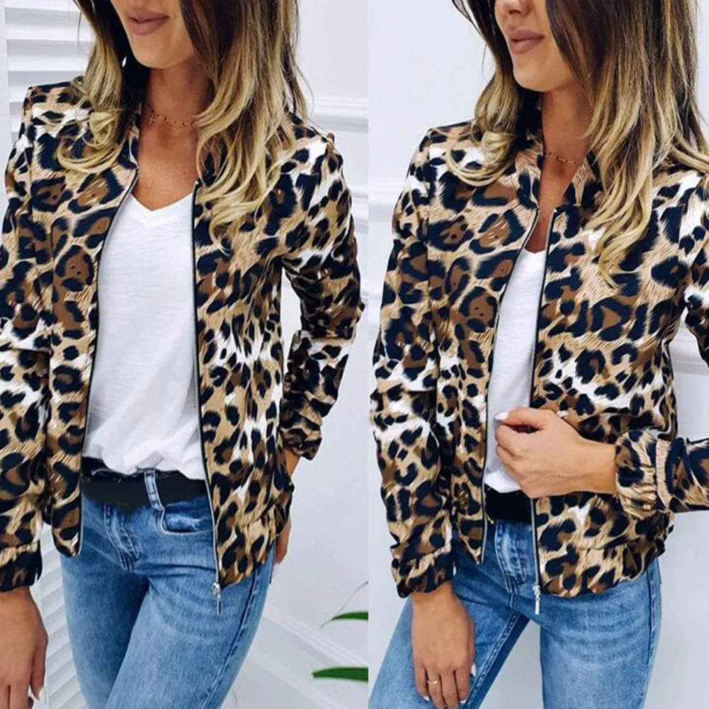Модные женские леопардовые короткие пальто на молнии с длинным рукавом Базовые