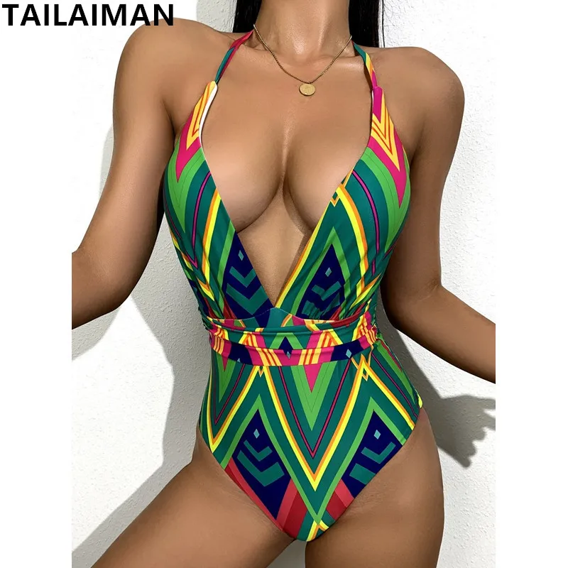 2021 Women's New Bikini Print Lace-Up V-Neck Stretch Fashion Halter Neckless Sexy One-Piece Triangle Beach Push-Up Swimsuit