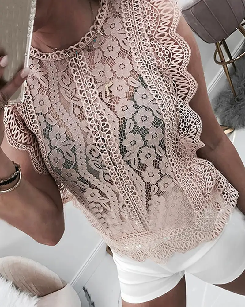

Hollow Out Guipure Lace Tops Women Sleeveless Color Lace T-Shirt Summer 2019 Transparent Party Blusas Mujer