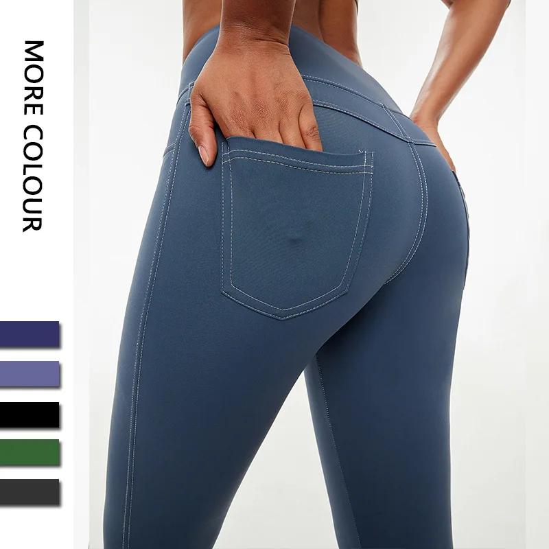 

Naked Feel Plus Size Workout Athletic Denim Leggings Yoga Pants Women High Waist Hip Lifting Sports Fitness Tight with Pockets