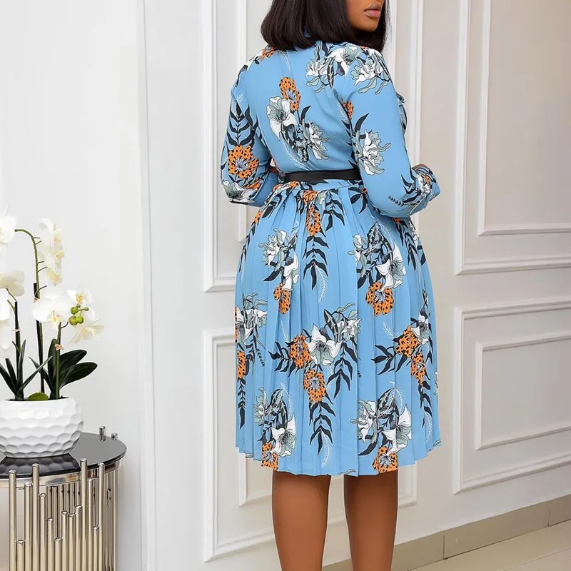 

Vintage Women Long Sleeve Bowtie Neck Floral Print Dress Elegant Pleated Midi Dresses
