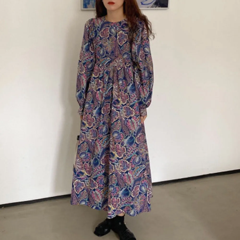 

New Fashion Woman Bodomian Dresses High Waist Floral Printed Casual Tunic O-neck Long Lantern Sleeve Sweet A-line Dress For Girl