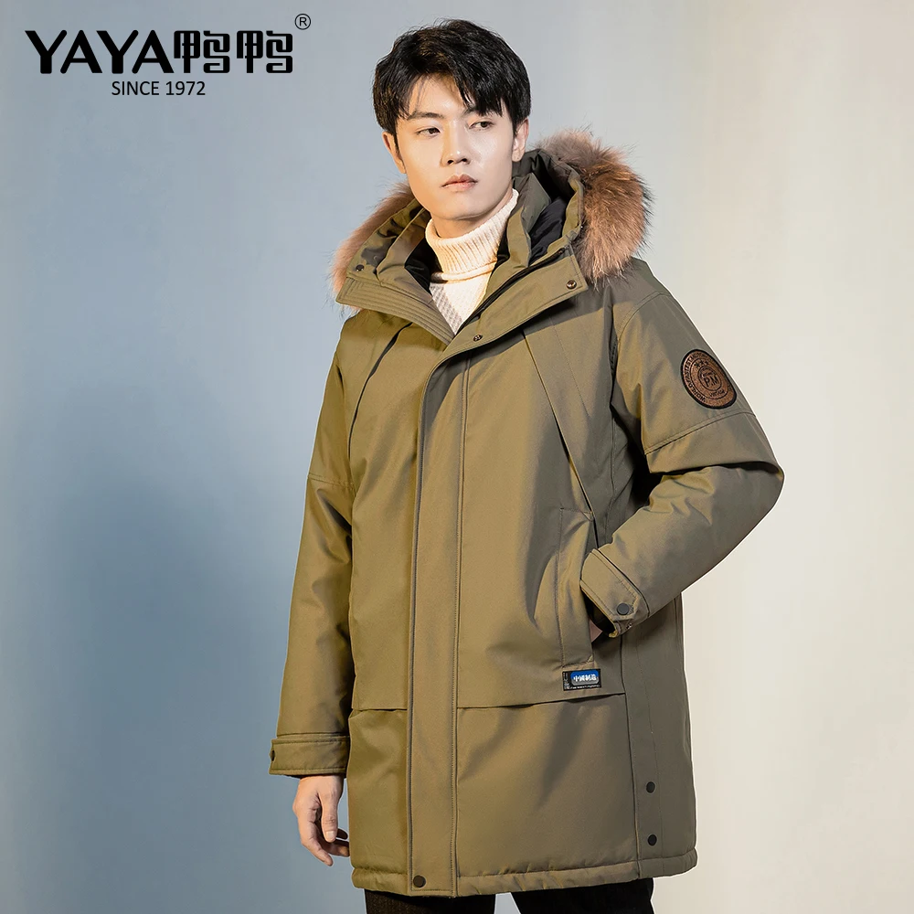 

YAYA 2021 Winter Men‘s Mid-length Straight Tube European Style Down Jacket Thicken Real Fur Hooded Warm Windbreak Overcoat