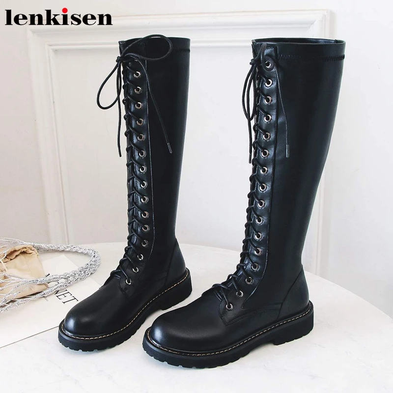 

Lenkisen knight boots cow leather med heels round toe fashion british lace up black winter keep warm women knee high boots L0f4