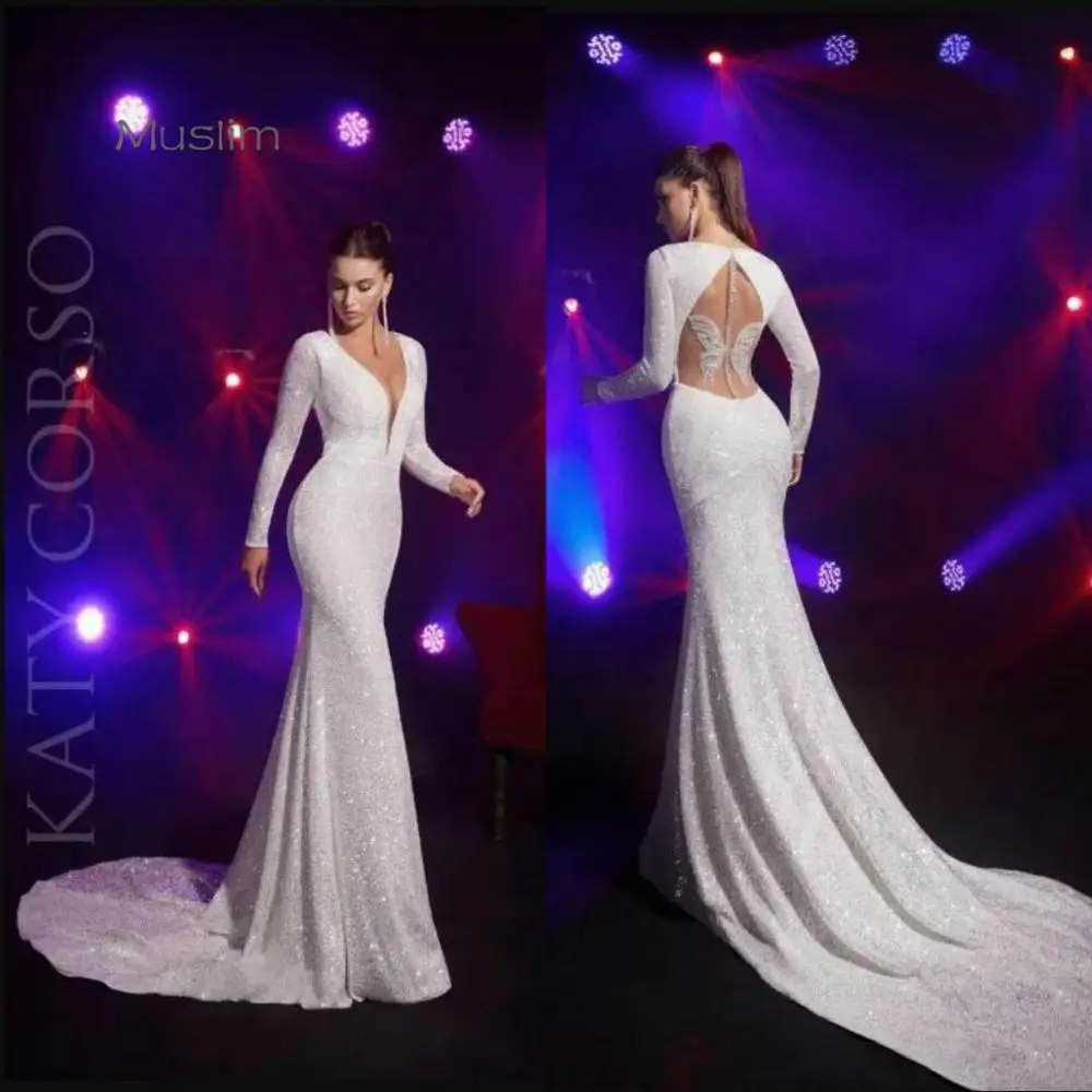

Charming White Sequin Mermaid Evening Dresses Sexy V Neck Long Sleeve Prom Dress 2021 Glitter Long Formal Dress Batterfly Bead
