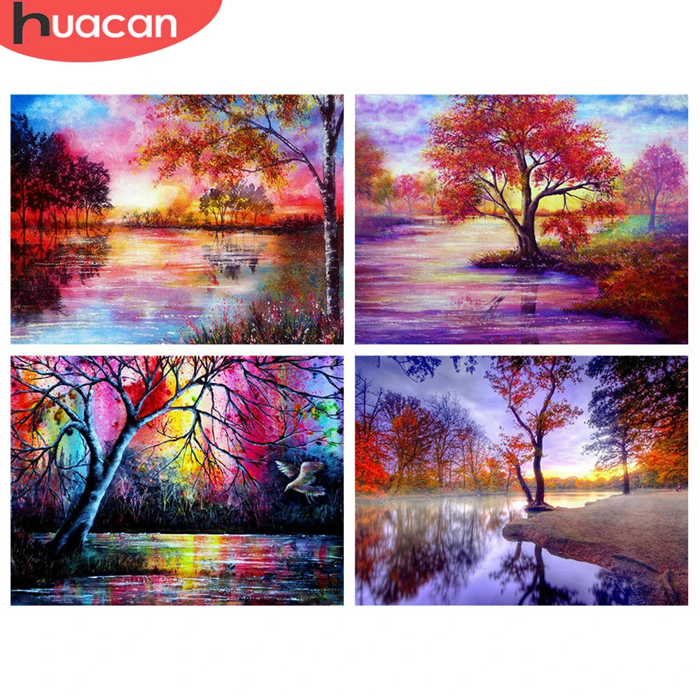 

HUACAN Full Square Diamond Painting Tree Landscape 5D DIY Diamond Embroidery Cross Stitch Sunset Mosaic Needlework Wall Art