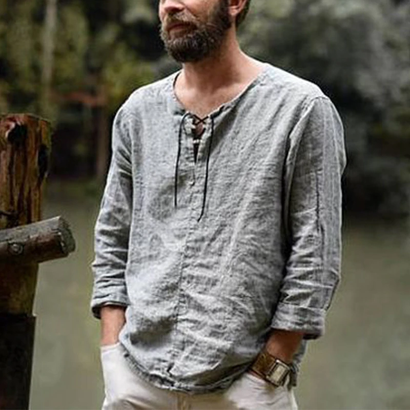 

2020 New Men's Linen V Neck bandage T shirts Male Solid Color Long Sleeves Casual Cotton Linen tshirt Tops M-3XL