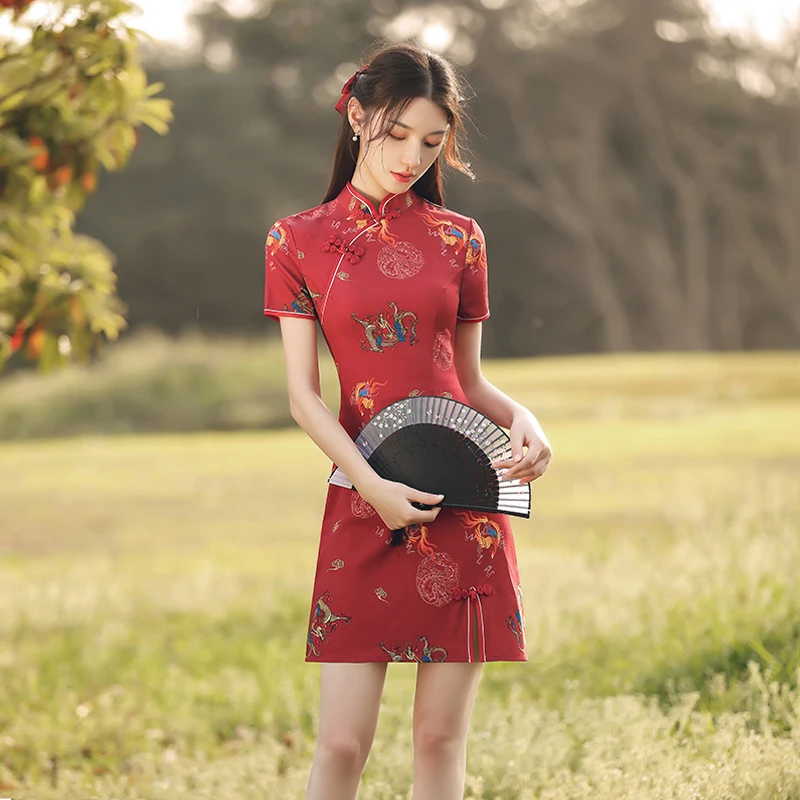 Женское винтажное китайское платье-Ципао красное в стиле Харадзюку |