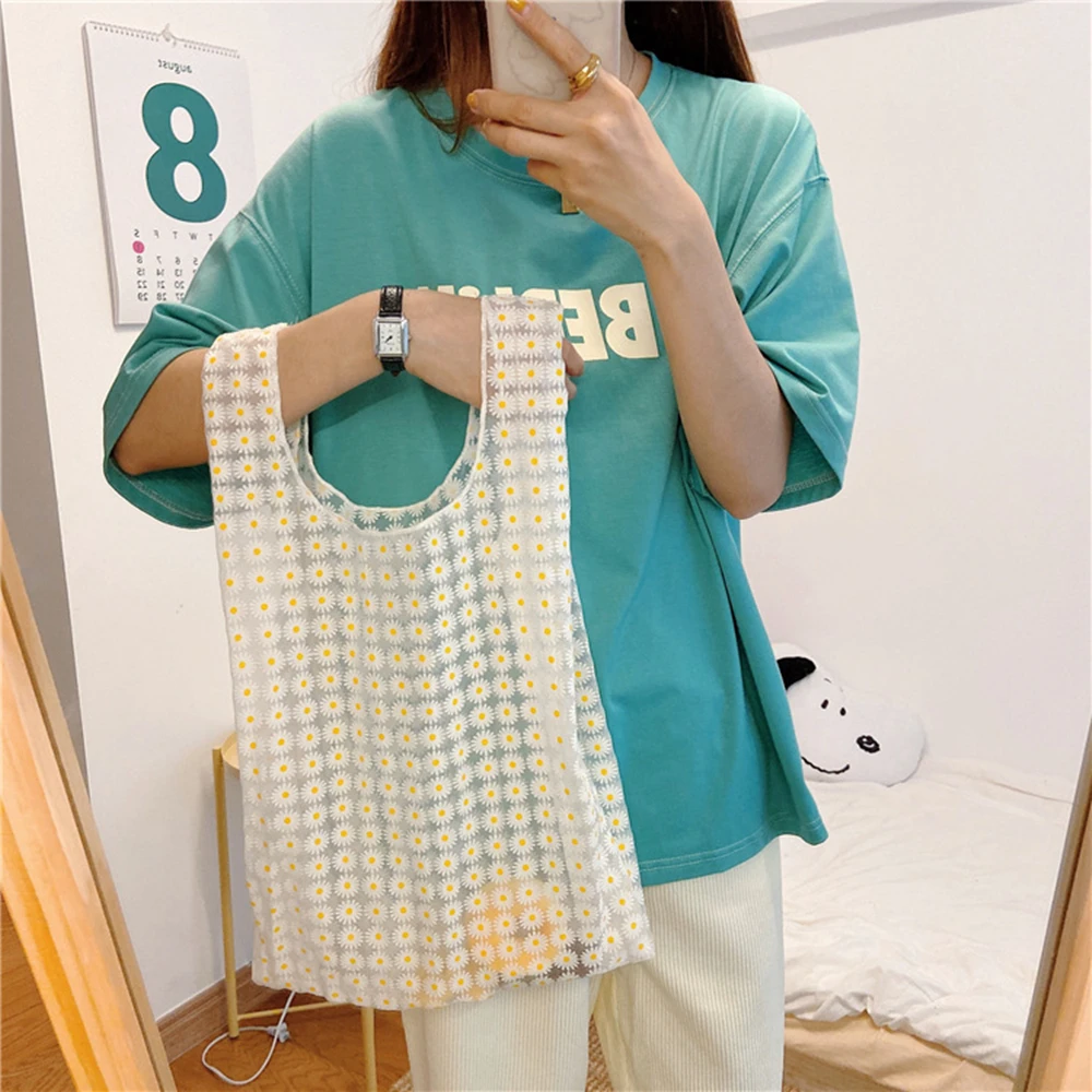 

Women Foldable Recycle Reusable Handbags Designer Mesh Embroidery Light Clear Organza Jelly Shopping Bag Flowers Tote Bag