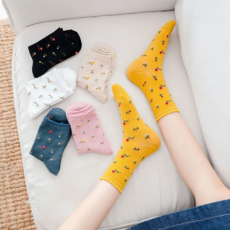 

Women Cotton Floral Socks Colorful Sweet Flowers Girls Casual Hosiery Fashion Korean Students Cozy Crew Socks